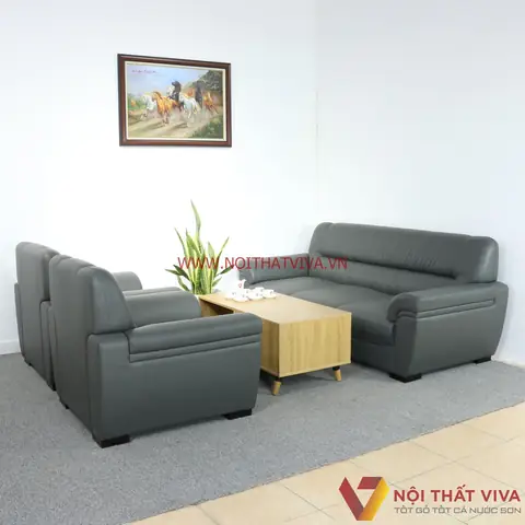 + Bộ Sofa Bọc Da Màu Xanh Đen Đi Kèm Bàn Gỗ Mdf Cao Cấp