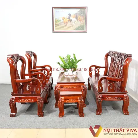 + Bộ Sa Lông Phòng Khách Nhỏgỗ Tràm Mặt Xoan Đào Tay 10 Chạm Đào