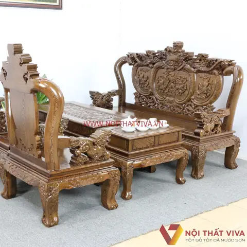 + Bộ Sa Lông Phòng Khách Nhỏgỗ Mun Tay 10 Chạm Nghê