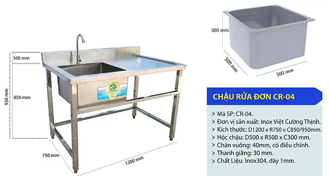 Bồn Rửa Chén Inox 304 1 Có Chân Cánh Phải Cr-04