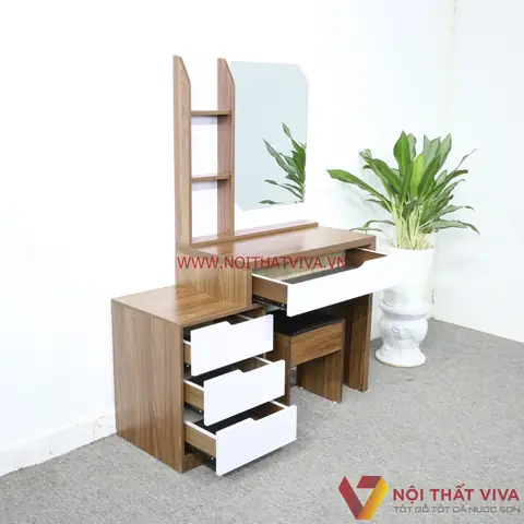 Bàn Trang Điểm Mdf 2 Tầng Màu Óc Chó Phối Trắng