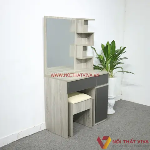 Bàn Trang Điểm Gỗ Mdf 2 Ngăn Kéo Màu Xám Vân Gỗ Cửa Đen