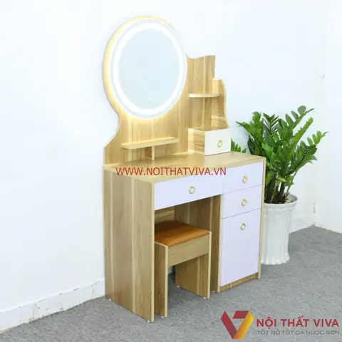 Bàn Trang Điểm Gương Đèn Led Thông Minh Màu Vàng Phối Trắng