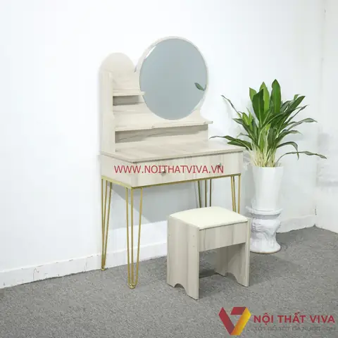 Bàn Trang Điểm Hàn Quốc Gỗ Mdf Phủ Melamine Màu Sữa Chân Sắt