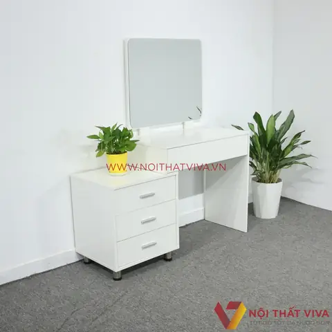 Bàn Trang Điểm Gỗ Mdf Sơn Trắng 2k Kính Vuông Hiện Đại