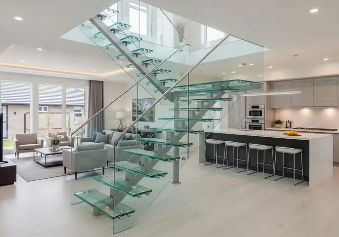 Cầu Thang Kính Hiện Đại Giữa Phòng Khách Và Bếp