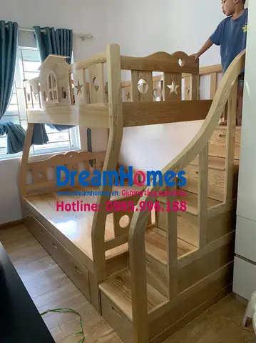 Hoàn Thiện Giường Tầng Ngôi Nhà Cho Bé - Thang Hộp - Gỗ Sồi Nga