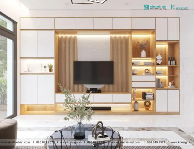 Ốp Gỗ Vách Kệ Tivi Phòng Khách