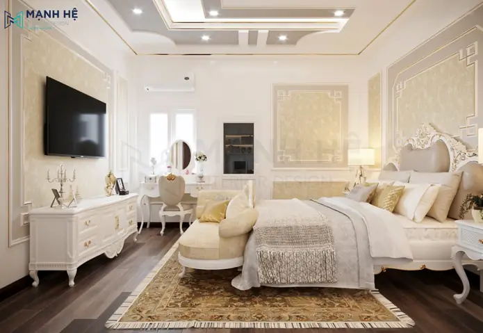 Kệ Tivi Tân Cổ Điển Gỗ Với Gam Màu Kem Nhẹ Nhàng Dành Cho Phòng Ngủ