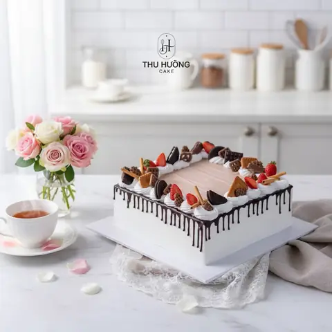 Bánh Sinh Nhật Hình Vuông Trang Trí Hoa Quả