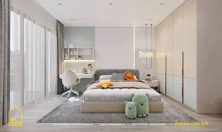 Mẫu Thiết Kế Phòng Ngủ Con Gái Tone Màu Xanh