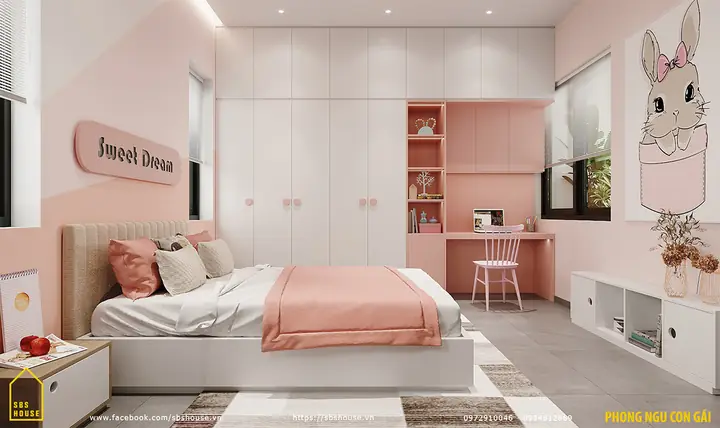 Mẫu Phòng Ngủ Con Gái Màu Hồng Dịu Dàng