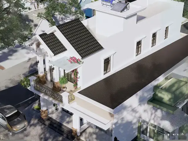 Thiết Kế Nhà Ngang 6m Dài 14m Với Seno Trang Trí Hình Mái Thái