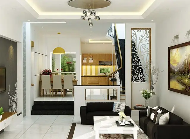 Trang Trí Phòng Khách 20m2 Nhà Ống Có Cầu Thang Rộng