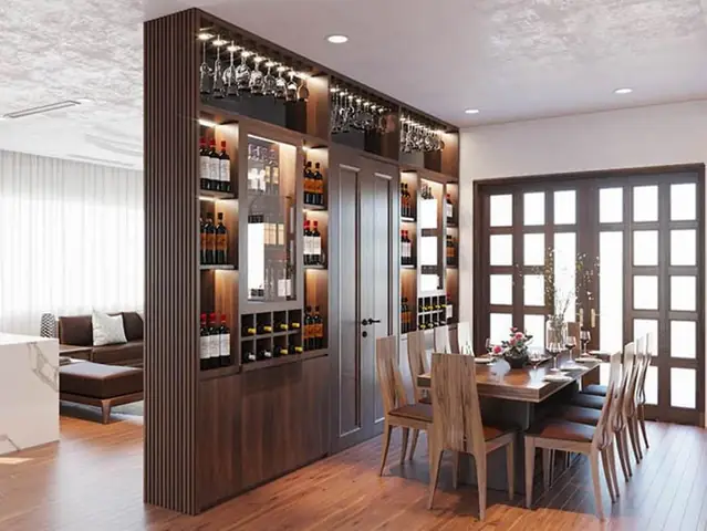 Vách Ngăn Phòng Khách Bằng Sắt Hộp Kết Hợp Tủ Rượu