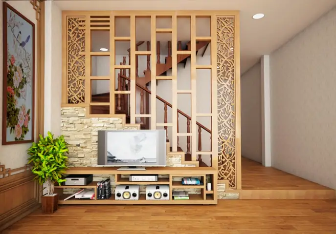 Mẫu Vách Ngăn Sắt Hộp Đẹp Giữa Phòng Khách Và Cầu Thang