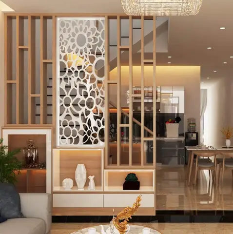 Mẫu Vách Ngăn Sắt Hộp Đẹp Giữa Phòng Khách Và Cầu Thang
