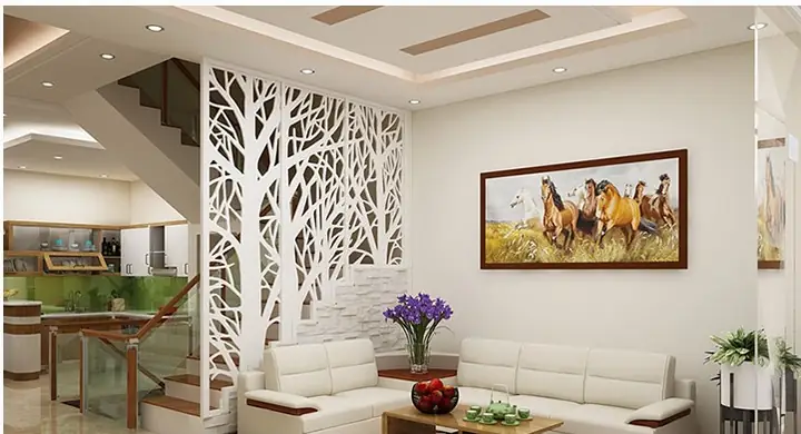 Mẫu Vách Ngăn Sắt Hộp Đẹp Giữa Phòng Khách Và Cầu Thang