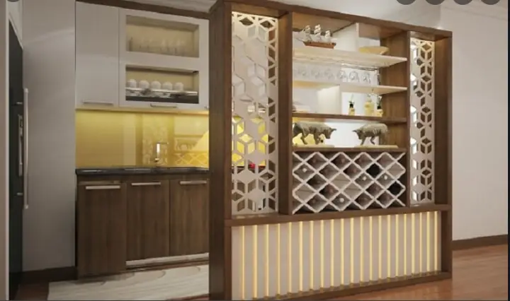 Vách Ngăn Phòng Khách Bằng Sắt Hộp Kết Hợp Tủ Rượu