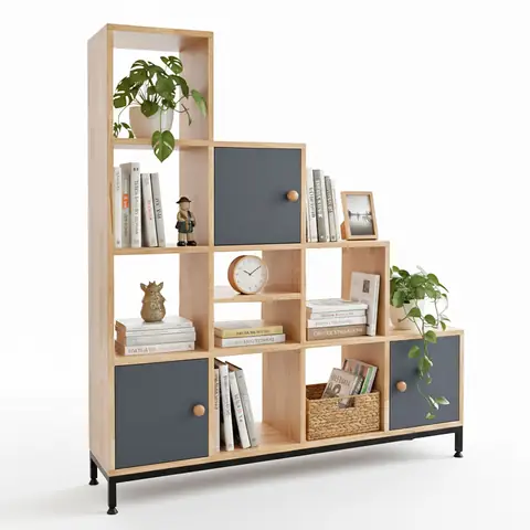 Kệ Trang Trí Hình Bậc Thang Gỗ Cao Su Chân Sắt Ks68161