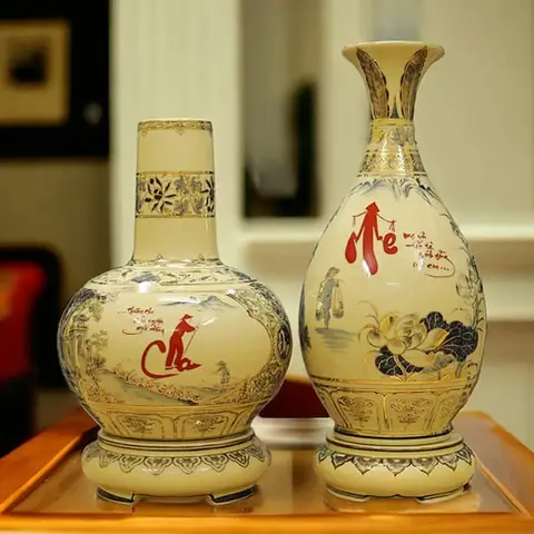 Cặp Bình Cha Mẹ Gốm Chu Đậu Vẽ Vàng 24k Bgcd6