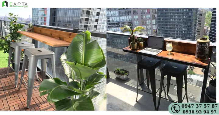 Trang Trí Góc Ban Công Chung Cư Nhỏ Kết Hợp Ghế Quầy Bar Ngoài Trời